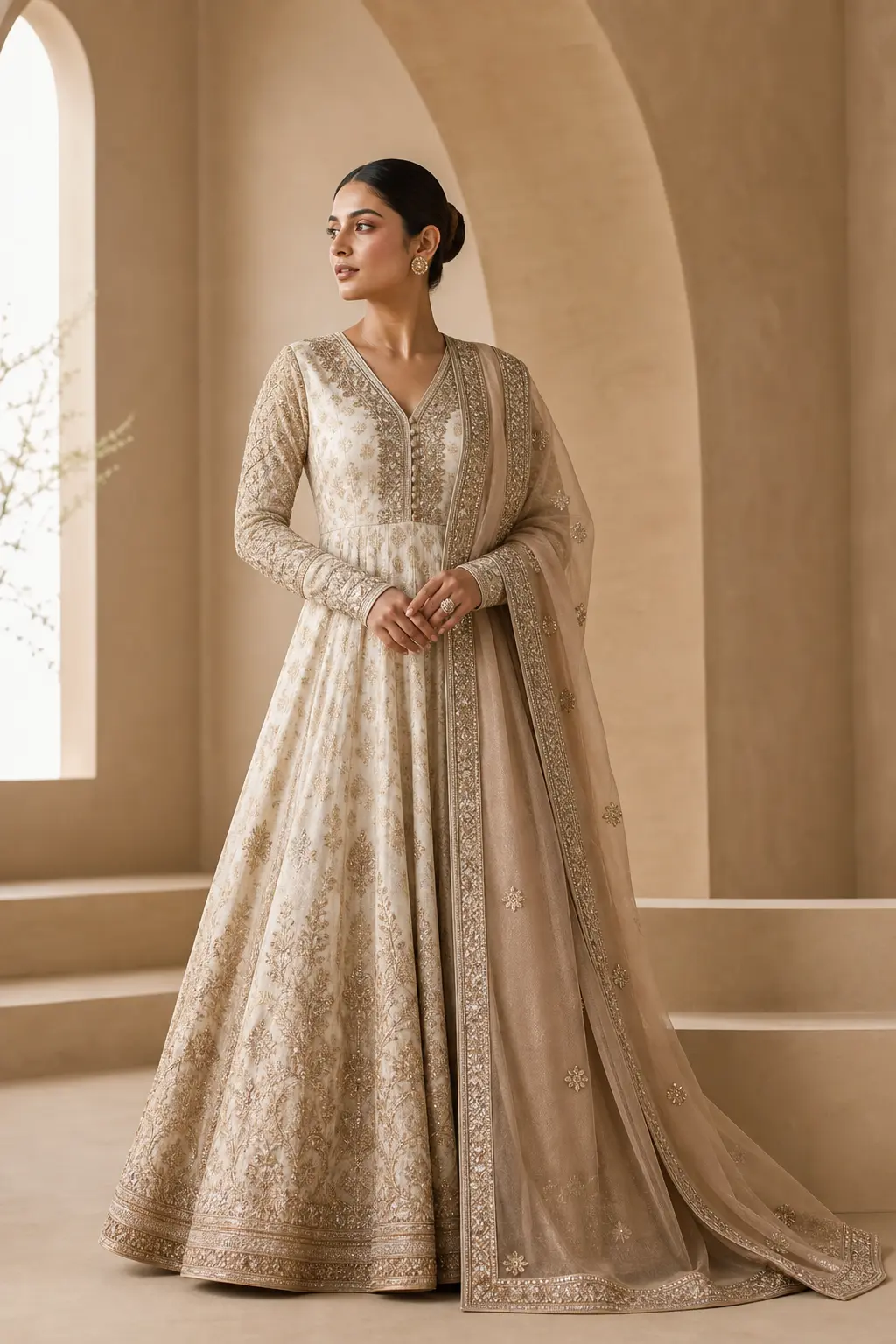 Woman in an ivory embroidered anarkali