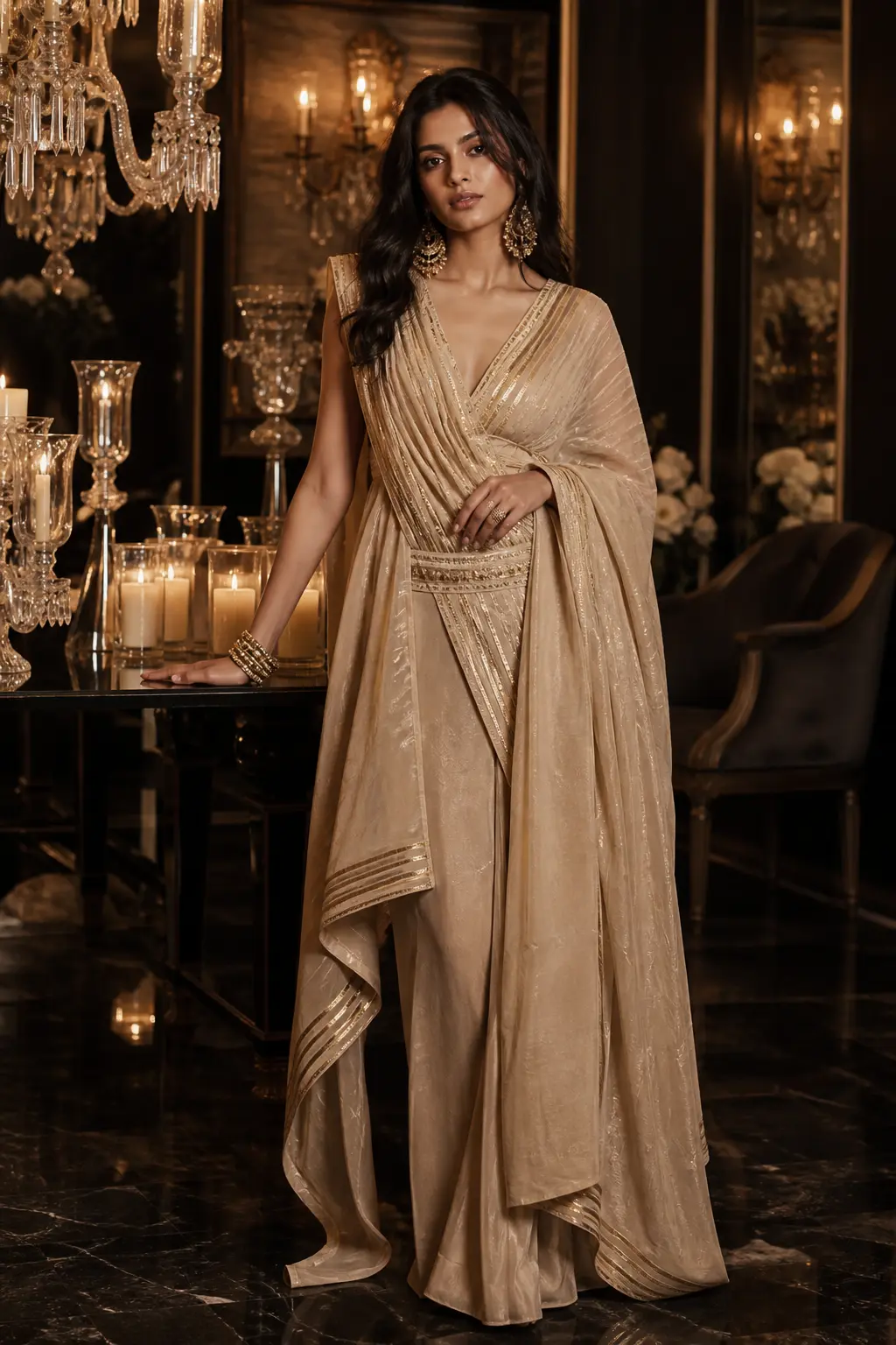 Woman in a champagne festive ensemble