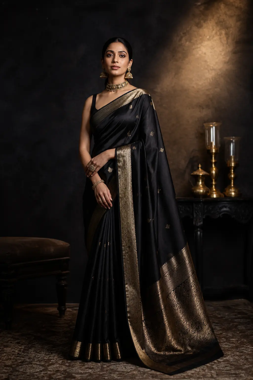 Black silk saree with gold border